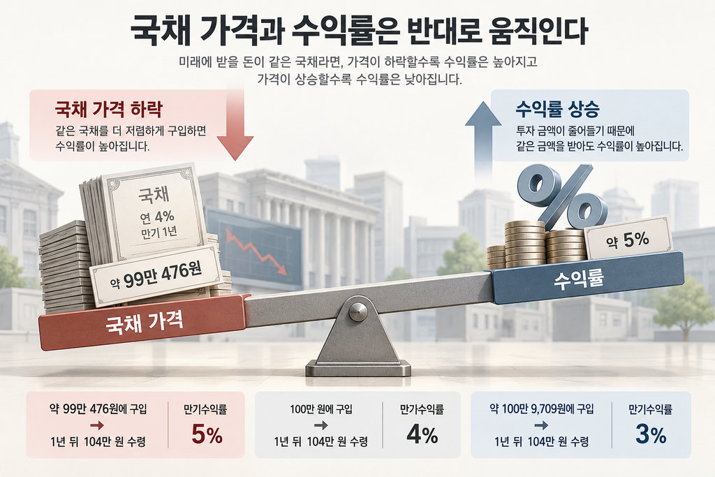 국채가격과 수익률은 댄대로 움직인다.